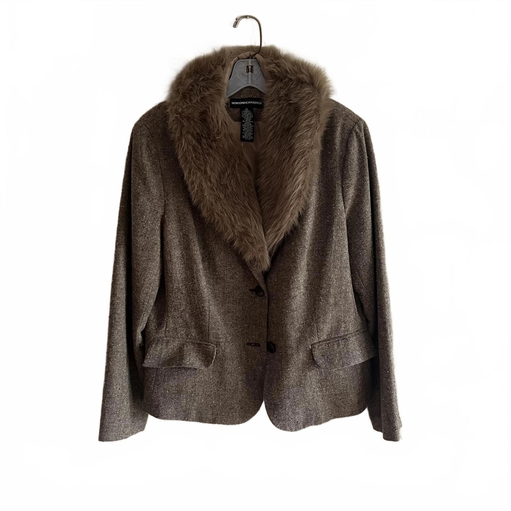 Norton‎ McNaughton Brown Tweed Faux Fur Collar 2Button Blazer Jacket Size 12 - Picture 5 of 7